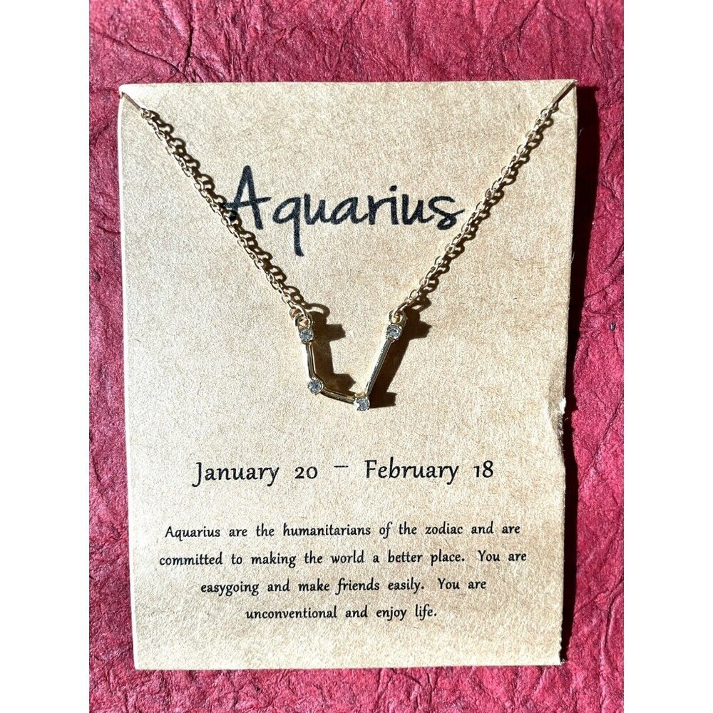 Gold Plated Necklace Aquarius Zodiac Sign Constellation Cubic Zirconia